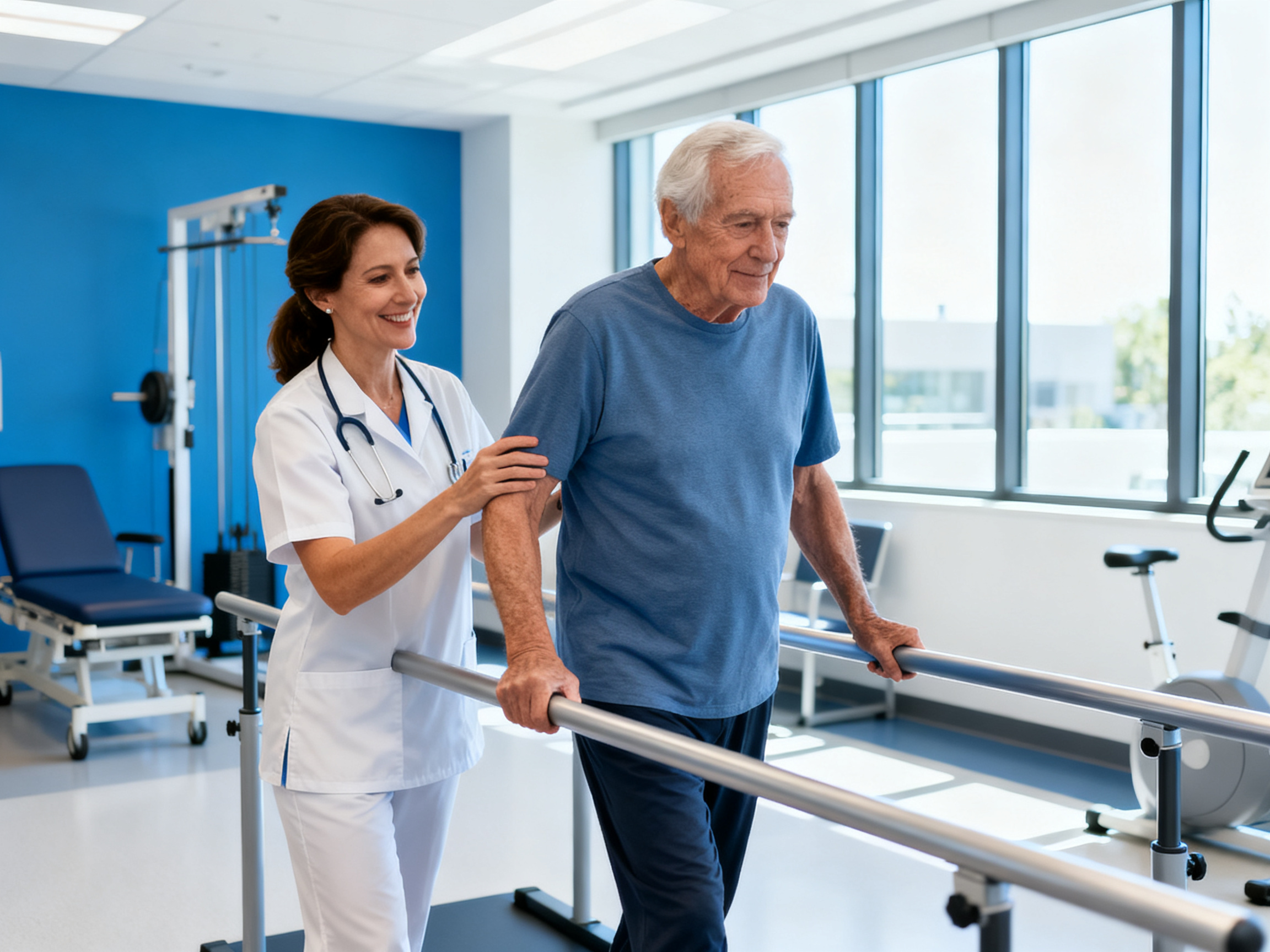 Therapist walking with patient
